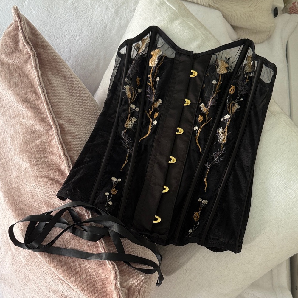 Thistle and Spire Black Corset with Gold Floral Details